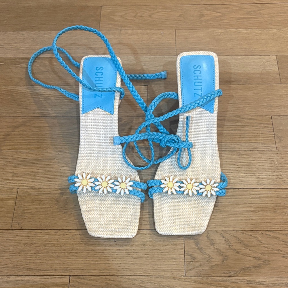 SCHUTZ Braided Lace-Up Sandals with Daisy Embellishments in Bright Blue